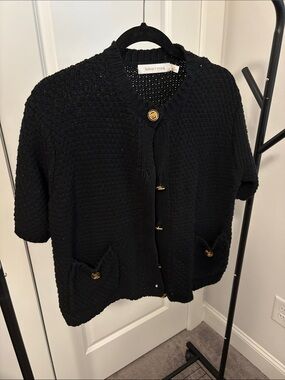 bishop + young Black Knit Cardigan with Gold-Tone Button